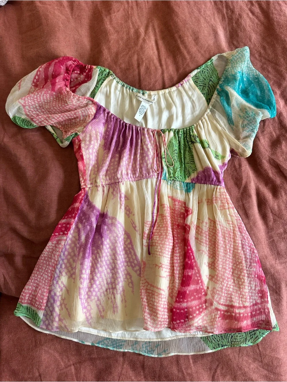 DVF Blouse with Pink and Green Watercolor Print